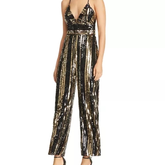 Bardot Glittering Sequin Jumpsuit - Black and Gold Size 12 - Picture 1 of 7